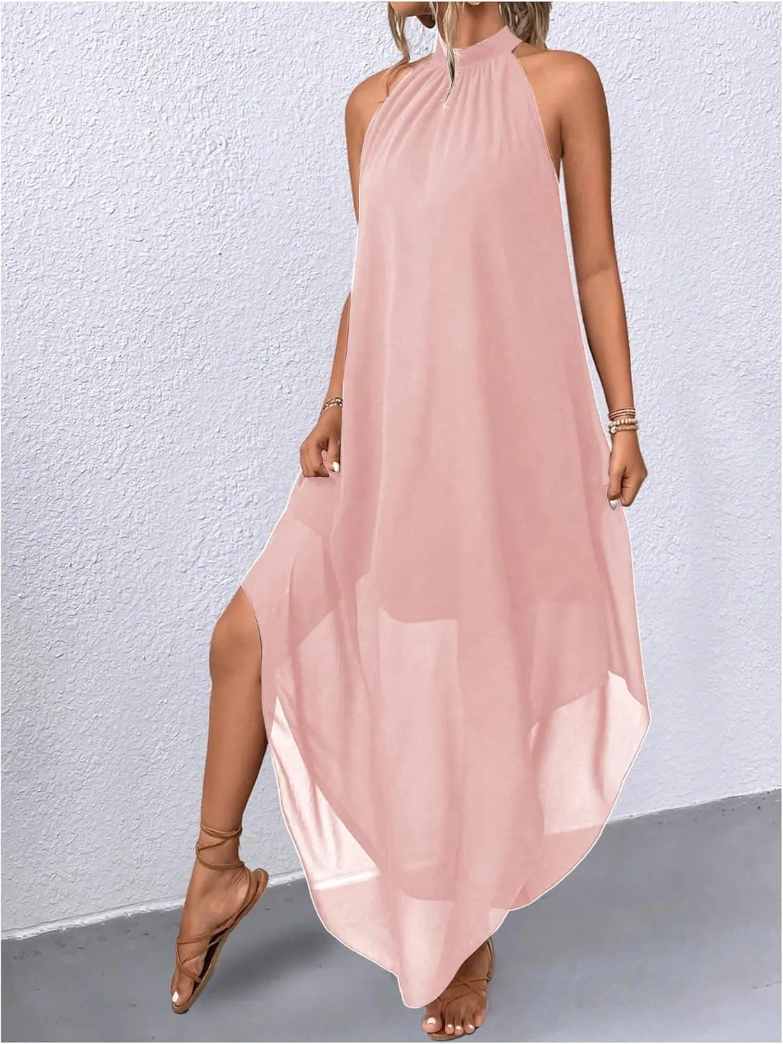 Verdusa Women's Flowy Halter Neck Sleeveless Asymmetrical Hem Maxi Long Dress