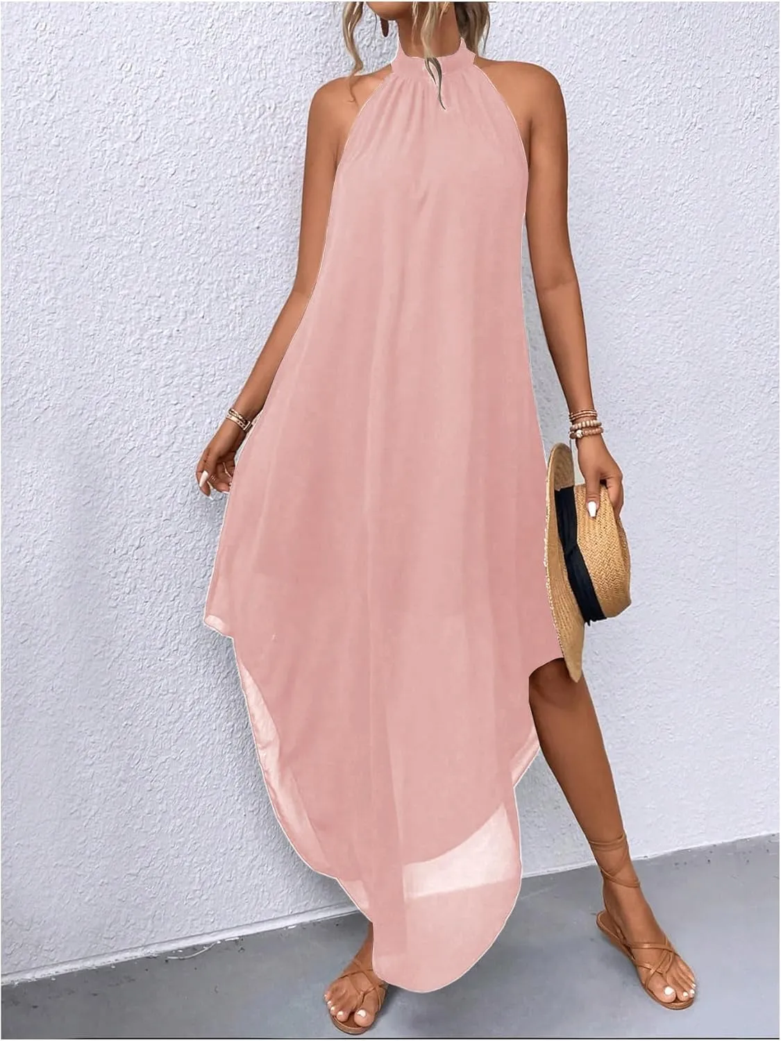 Verdusa Women's Flowy Halter Neck Sleeveless Asymmetrical Hem Maxi Long Dress