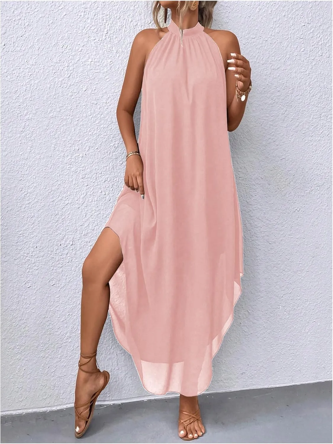 Verdusa Women's Flowy Halter Neck Sleeveless Asymmetrical Hem Maxi Long Dress