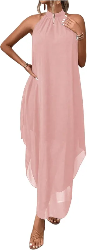 Verdusa Women's Flowy Halter Neck Sleeveless Asymmetrical Hem Maxi Long Dress
