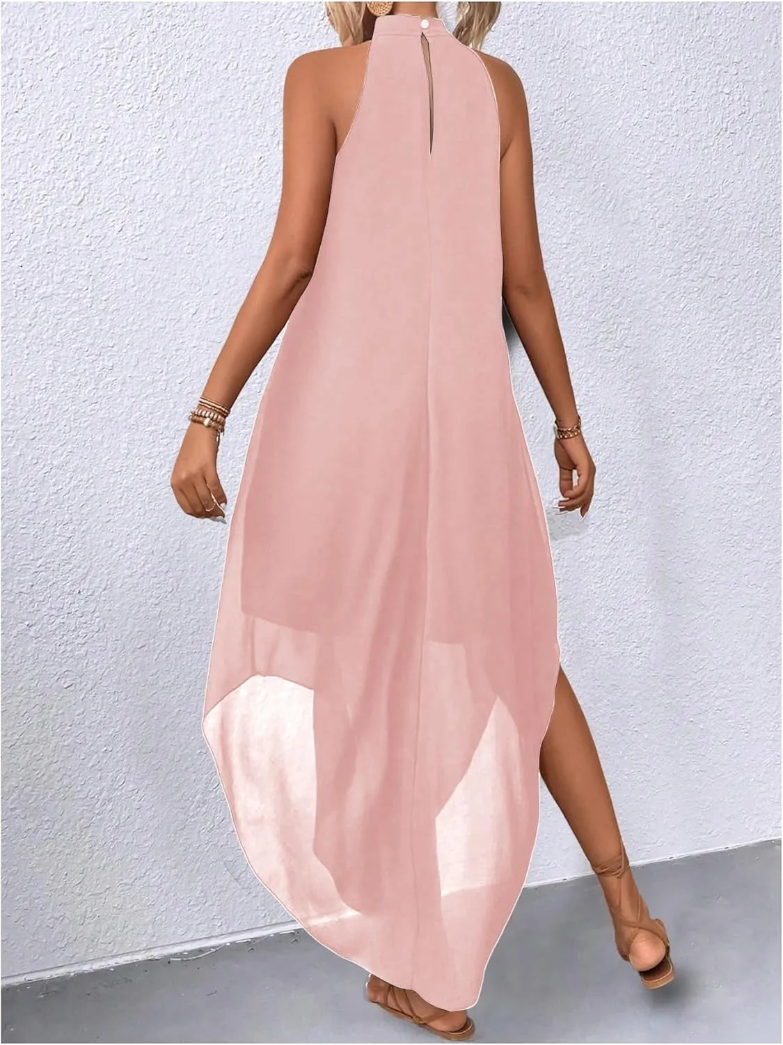 Verdusa Women's Flowy Halter Neck Sleeveless Asymmetrical Hem Maxi Long Dress