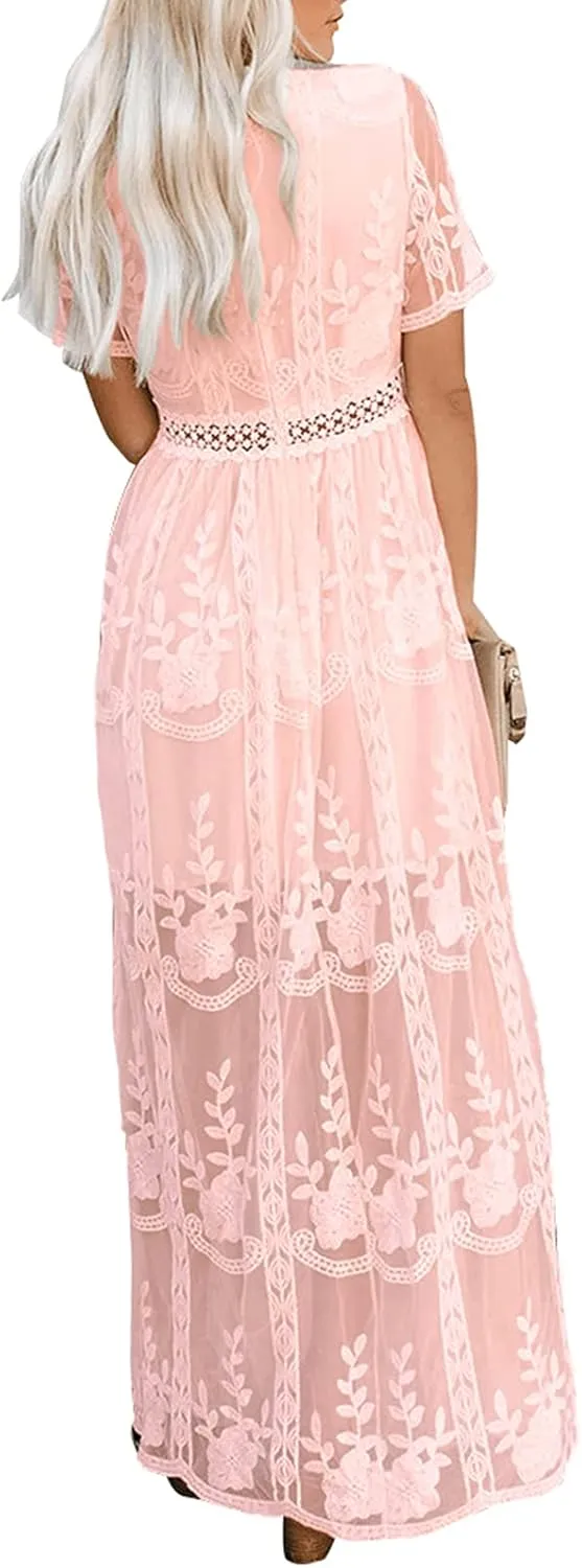 Womens Deep V Neck Short Sleeve Floral Lace Dress Long Bridesmaid Maxi Dresses