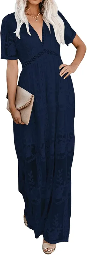 Womens Deep V Neck Short Sleeve Floral Lace Dress Long Bridesmaid Maxi Dresses