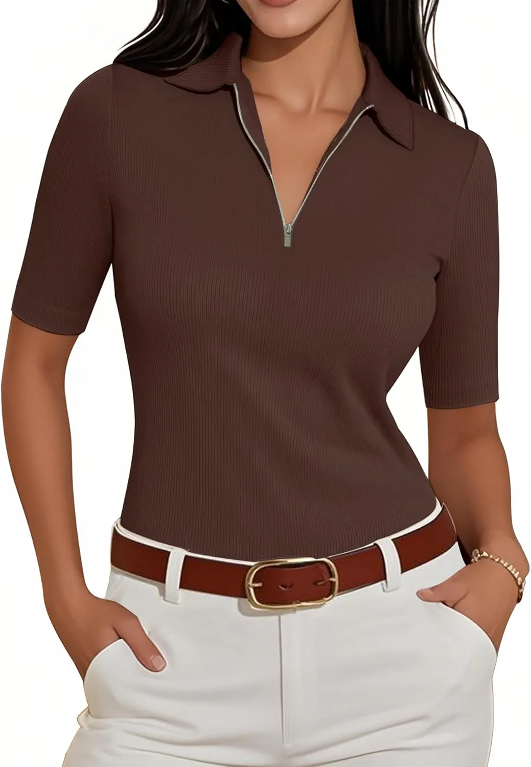 Women's Half Sleeve Top 2025 Summer Elegant V Neck Zipper Collared Work Shirts Slim Fitted Dressy Blouses