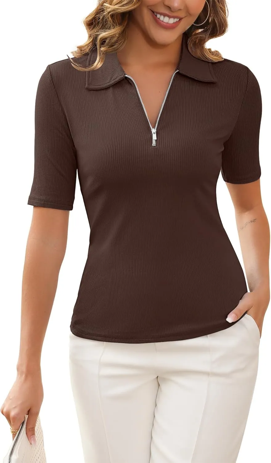 Women's Half Sleeve Top 2025 Summer Elegant V Neck Zipper Collared Work Shirts Slim Fitted Dressy Blouses