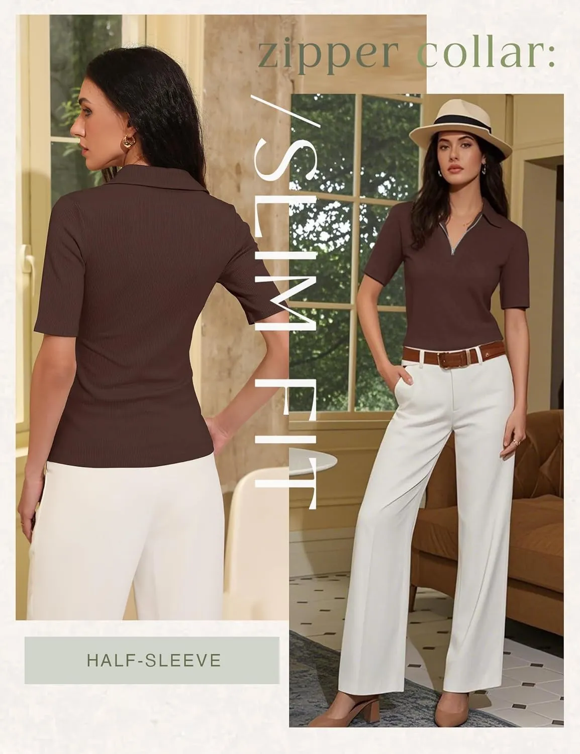 Women's Half Sleeve Top 2025 Summer Elegant V Neck Zipper Collared Work Shirts Slim Fitted Dressy Blouses