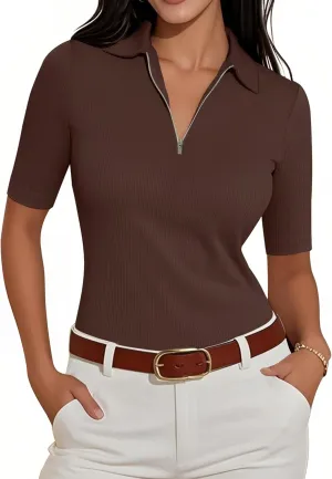 Women's Half Sleeve Top 2025 Summer Elegant V Neck Zipper Collared Work Shirts Slim Fitted Dressy Blouses