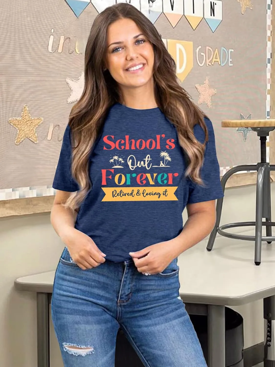 Womens Last Day of School Teacher Shirt School Day Gifts Funny Teacher Summer Break Graphic T-Shirts