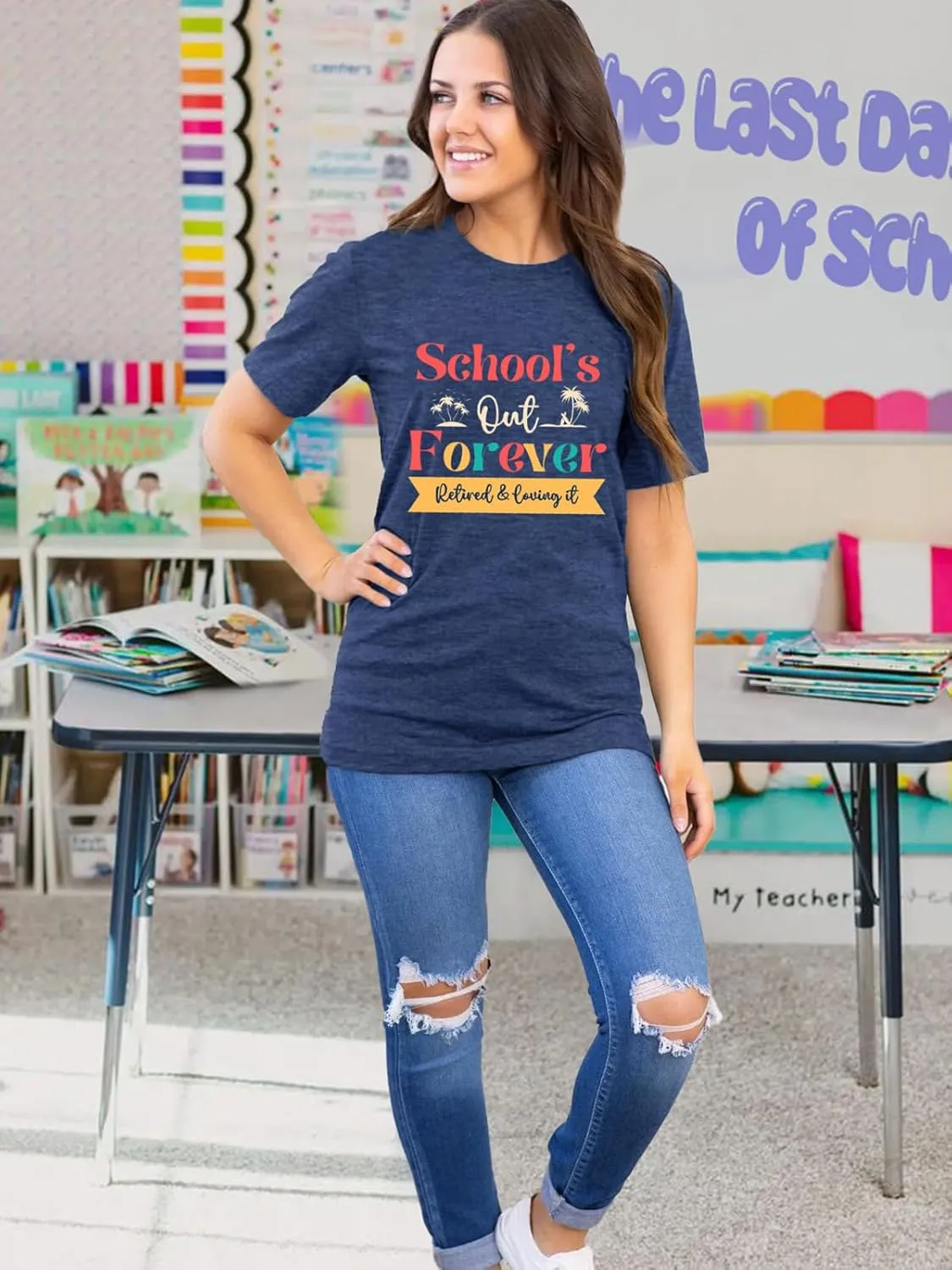 Womens Last Day of School Teacher Shirt School Day Gifts Funny Teacher Summer Break Graphic T-Shirts