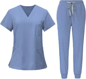 Women's V-Neck Stretch Fit Scrub Top & Jogger Scrubs Pants Multi Pocket Medical Nurse Uniforms Set